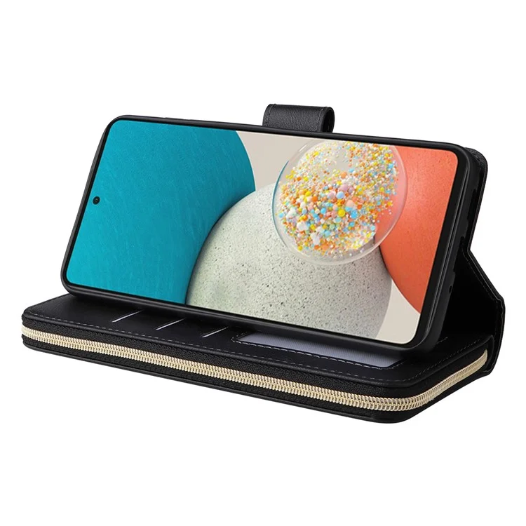 Para Samsung Galaxy A33 5G PU Case de Teléfono de Billetera de Cuero Con 9 Ranuras Para Tarjetas, Cubierta de Soporte de Bolsillo de la Cremallera - Negro