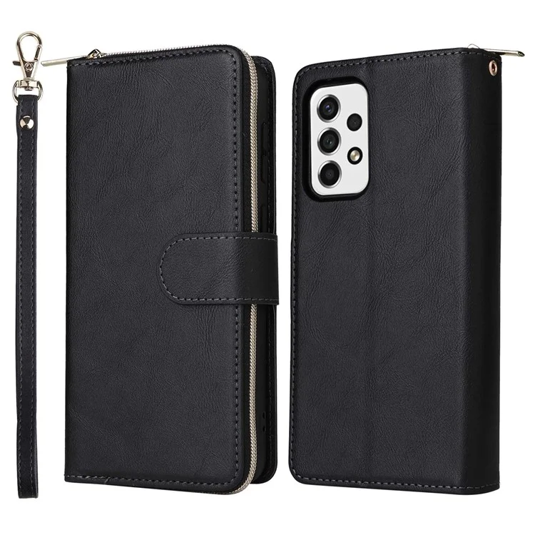 Für Samsung Galaxy A23 4G / A23 5G (globale Version) / M23 5G / F23 5G Slim PU Leder Brieftasche Telefon Hülle 9 Kartenschlitze Reißverschluss Taschenständer Flip Cover - Schwarz