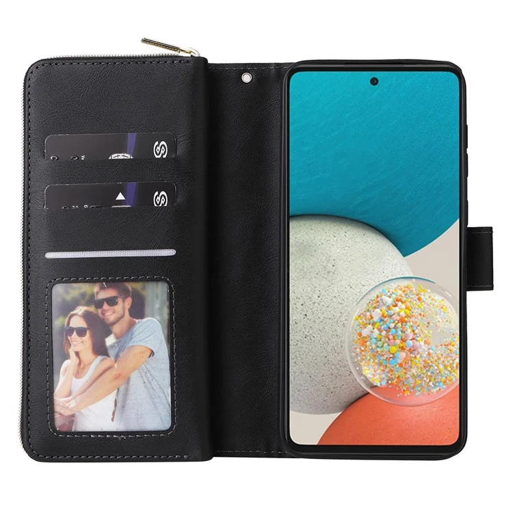 Für Samsung Galaxy A23 4G / A23 5G (globale Version) / M23 5G / F23 5G Slim PU Leder Brieftasche Telefon Hülle 9 Kartenschlitze Reißverschluss Taschenständer Flip Cover - Schwarz