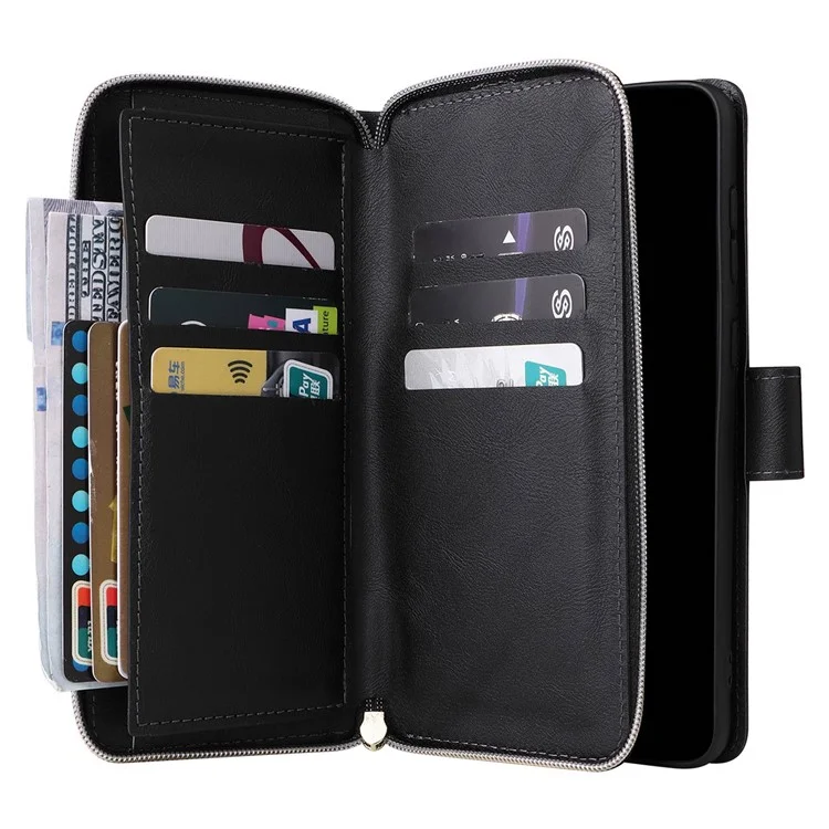 Für Samsung Galaxy A23 4G / A23 5G (globale Version) / M23 5G / F23 5G Slim PU Leder Brieftasche Telefon Hülle 9 Kartenschlitze Reißverschluss Taschenständer Flip Cover - Schwarz