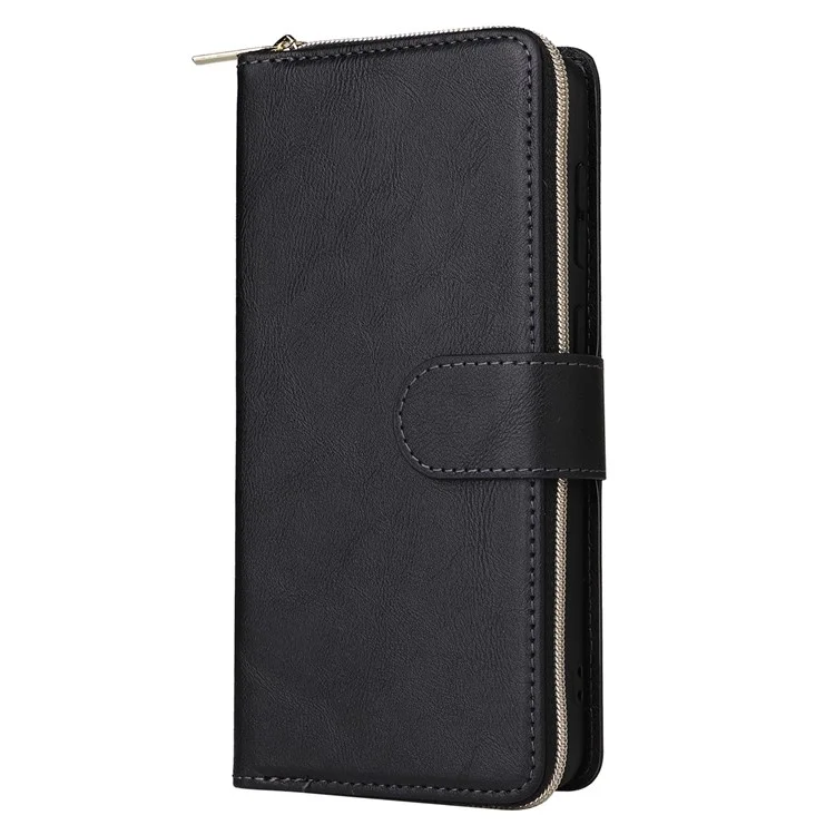 Für Samsung Galaxy A23 4G / A23 5G (globale Version) / M23 5G / F23 5G Slim PU Leder Brieftasche Telefon Hülle 9 Kartenschlitze Reißverschluss Taschenständer Flip Cover - Schwarz
