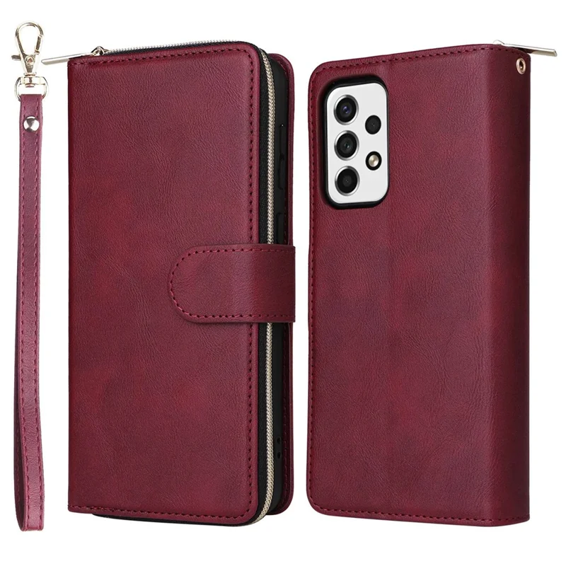 For Samsung Galaxy A23 4G / A23 5G (Global Version) / M23 5G / F23 5G Slim PU Leather Wallet Phone Case 9 Card Slots Zipper Pocket Stand Flip Cover - Wine Red