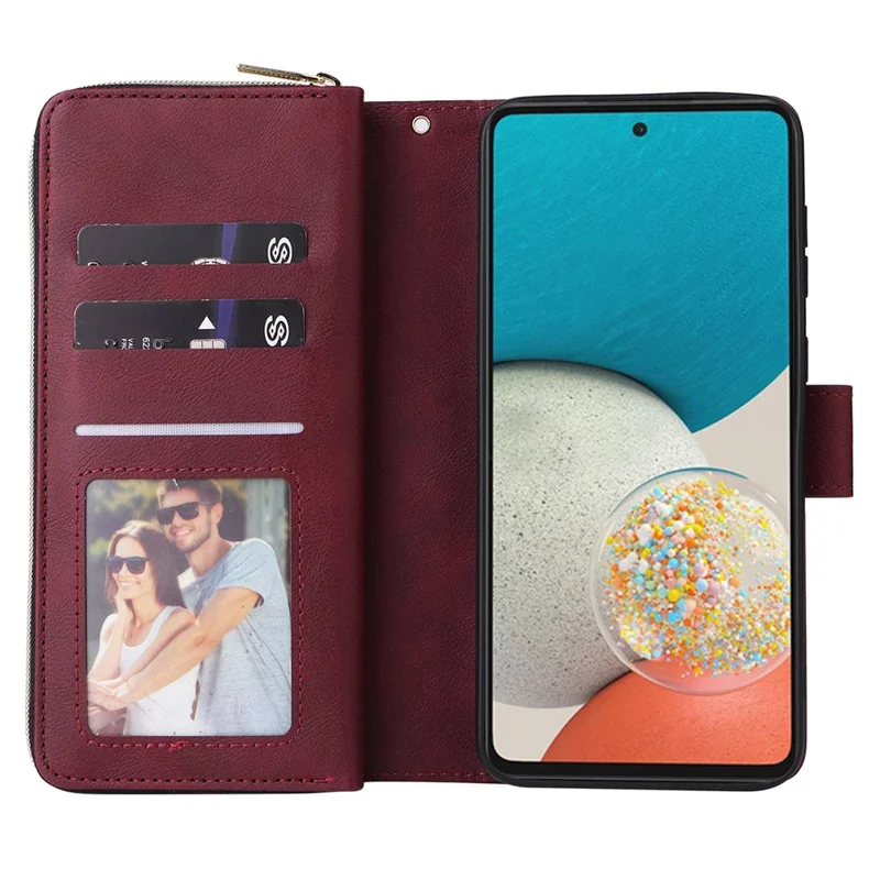 For Samsung Galaxy A23 4G / A23 5G (Global Version) / M23 5G / F23 5G Slim PU Leather Wallet Phone Case 9 Card Slots Zipper Pocket Stand Flip Cover - Wine Red