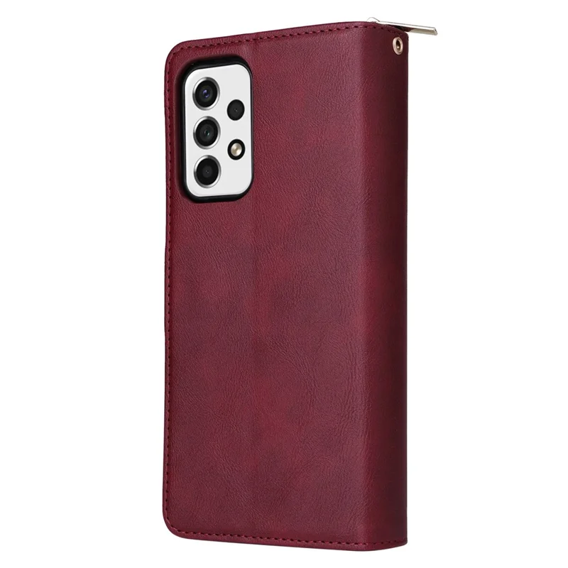 For Samsung Galaxy A23 4G / A23 5G (Global Version) / M23 5G / F23 5G Slim PU Leather Wallet Phone Case 9 Card Slots Zipper Pocket Stand Flip Cover - Wine Red