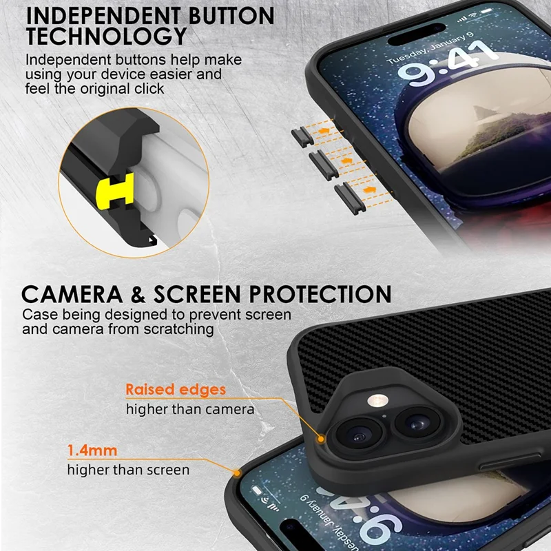 For iPhone 17 Case Carbon Fiber Texture Shockproof TPU + PC Phone Back Cover - Black