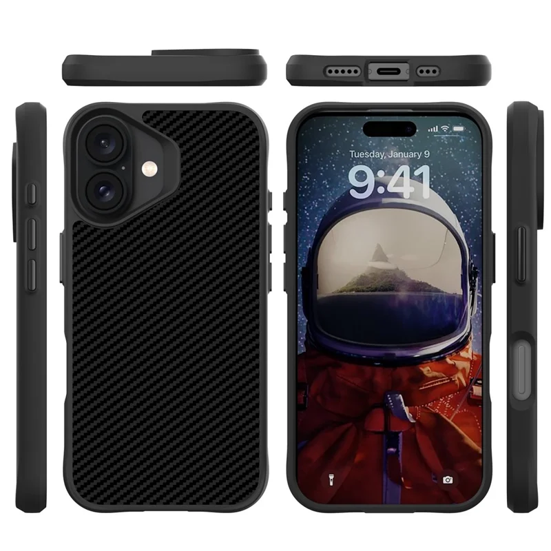 For iPhone 17 Case Carbon Fiber Texture Shockproof TPU + PC Phone Back Cover - Black