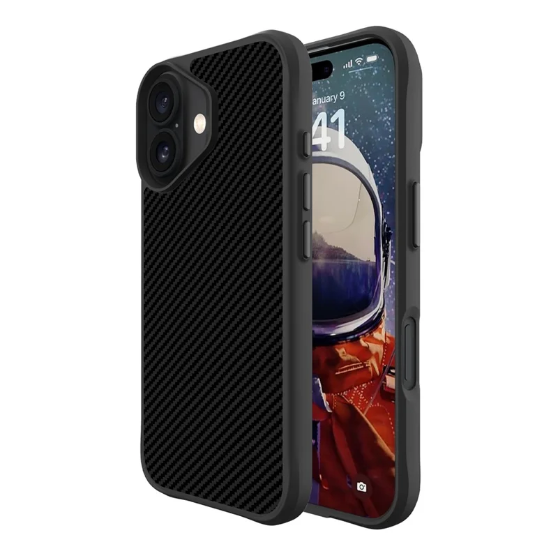 For iPhone 16 Case Carbon Fiber Texture Shockproof TPU + PC Phone Back Cover - Black