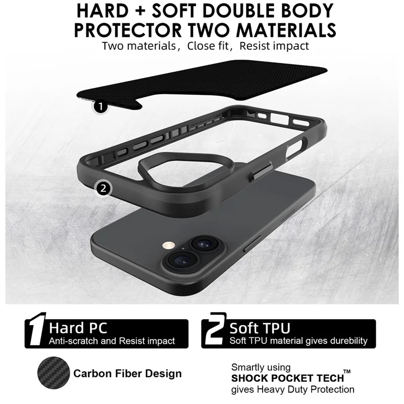 For iPhone 16 Case Carbon Fiber Texture Shockproof TPU + PC Phone Back Cover - Black