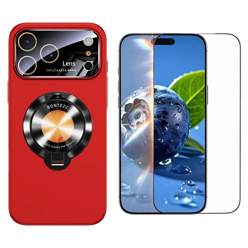 For iPhone 17 Pro Magnetic Case Ultra-thin TPU Anti-drop Phone Cover with Kickstand and Tempered Glass Compatible with MagSafe - Red