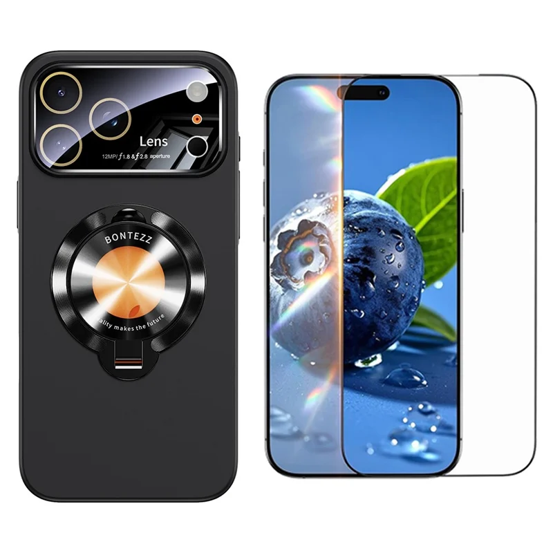 For iPhone 17 Pro Max Magnetic Case Ultra-thin TPU Anti-drop Phone Cover with Kickstand and Tempered Glass Compatible with MagSafe - Black