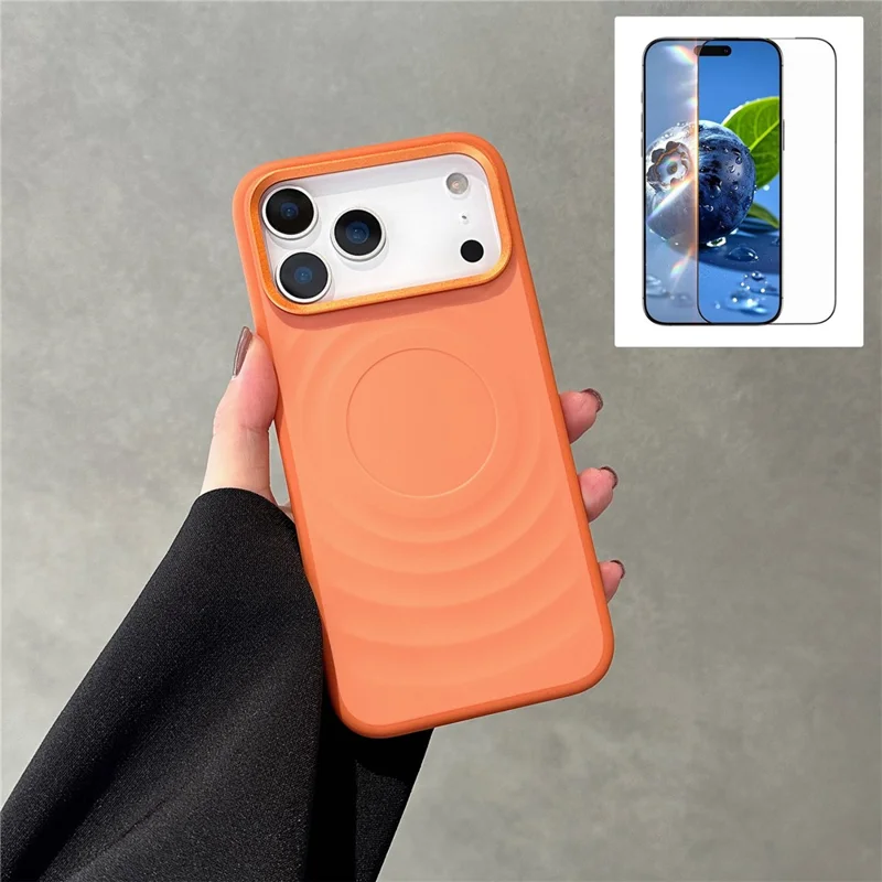 For iPhone 17 Pro Magnetic Case Ripple Texture TPU Phone Cover with Tempered Glass Compatible with MagSafe - Orange
