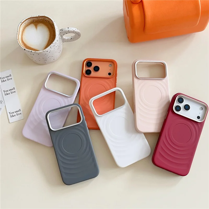 For iPhone 17 Pro Max Magnetic Case Ripple Texture TPU Phone Cover with Tempered Glass Compatible with MagSafe - Orange