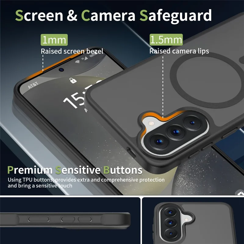 For Samsung Galaxy A57 5G Magnetic Phone Case Matte Finish TPU PC Shockproof Phone Cover with Tempered Glass - Black