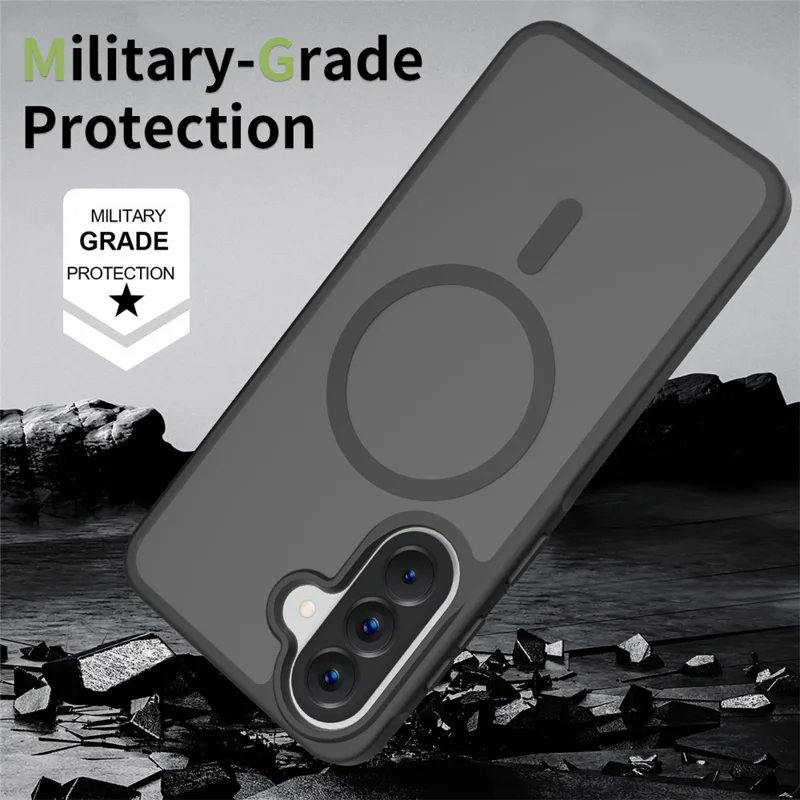 For Samsung Galaxy A57 5G Magnetic Phone Case Matte Finish TPU PC Shockproof Phone Cover with Tempered Glass - Black
