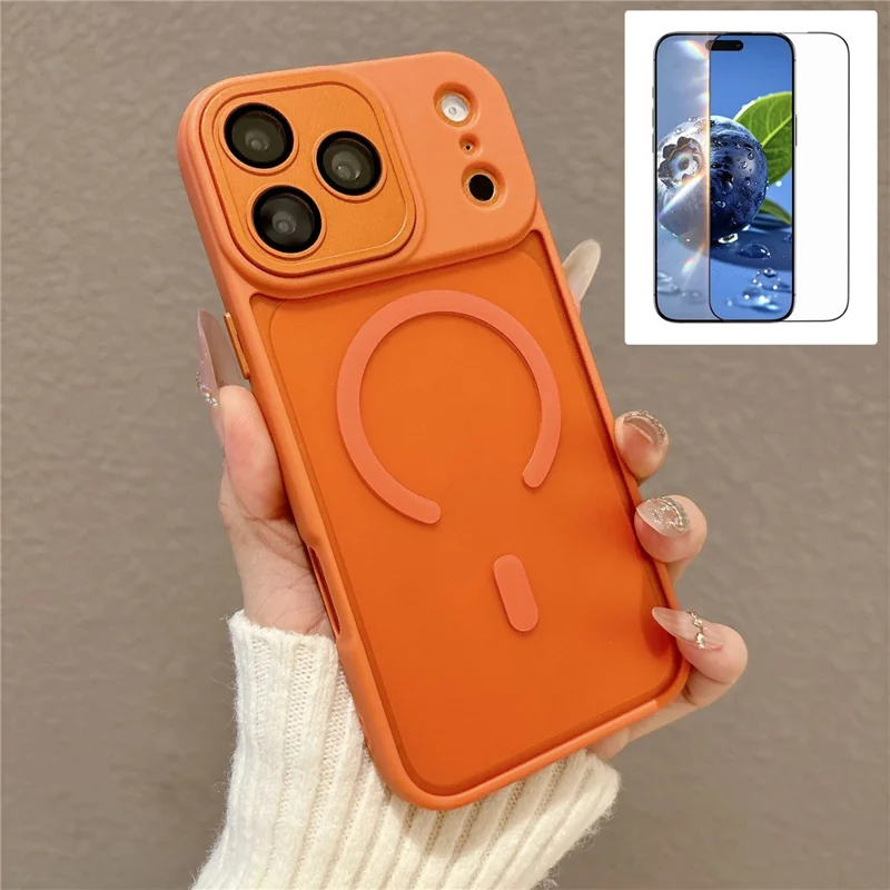 For iPhone 17 Pro Max Matte Case PC + TPU All-wrapped Protection Magnetic Phone Cover with Tempered Glass Compatible with MagSafe - Orange
