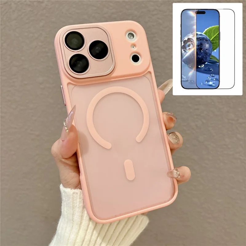 For iPhone 17 Pro Max Matte Case PC + TPU All-wrapped Protection Magnetic Phone Cover with Tempered Glass Compatible with MagSafe - Pink