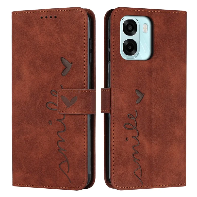 Bulk Purchasing Wallet Case For Oppo A6x 5G  /  A6x 4G  /  A6 5G Imprint Heart Pattern Skin Touch Leather Phone Cover with Wrist Strap - Brown