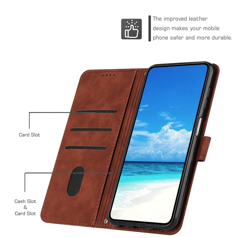 Bulk Purchasing Wallet Case For Oppo A6x 5G  /  A6x 4G  /  A6 5G Imprint Heart Pattern Skin Touch Leather Phone Cover with Wrist Strap - Brown