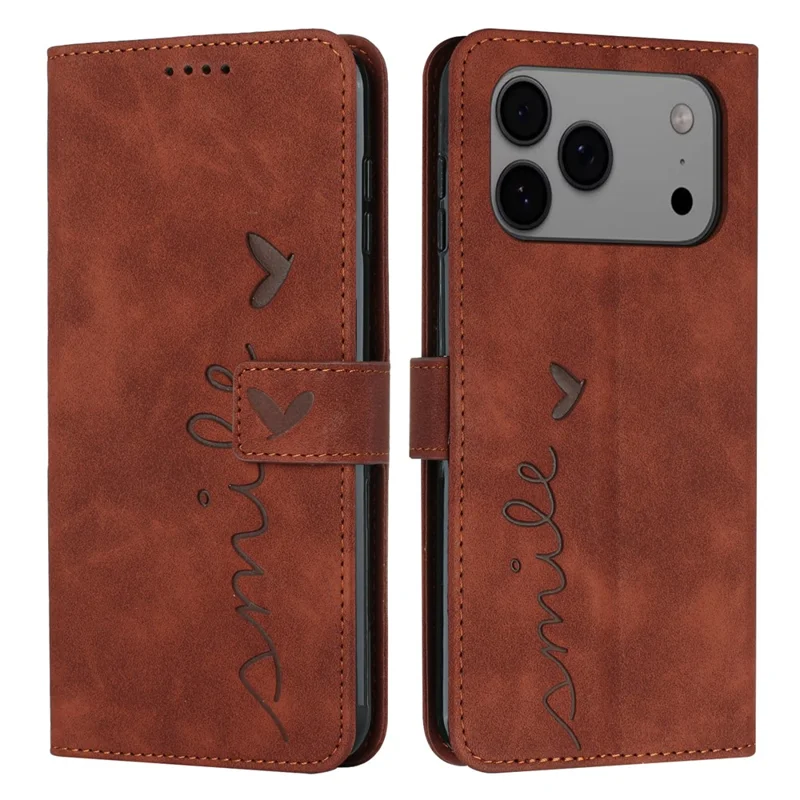Compra al por mayor para funda cartera para iPhone 17 Pro con estampado de corazón, cubierta de cuero táctil con correa de muñeca - Marrón
