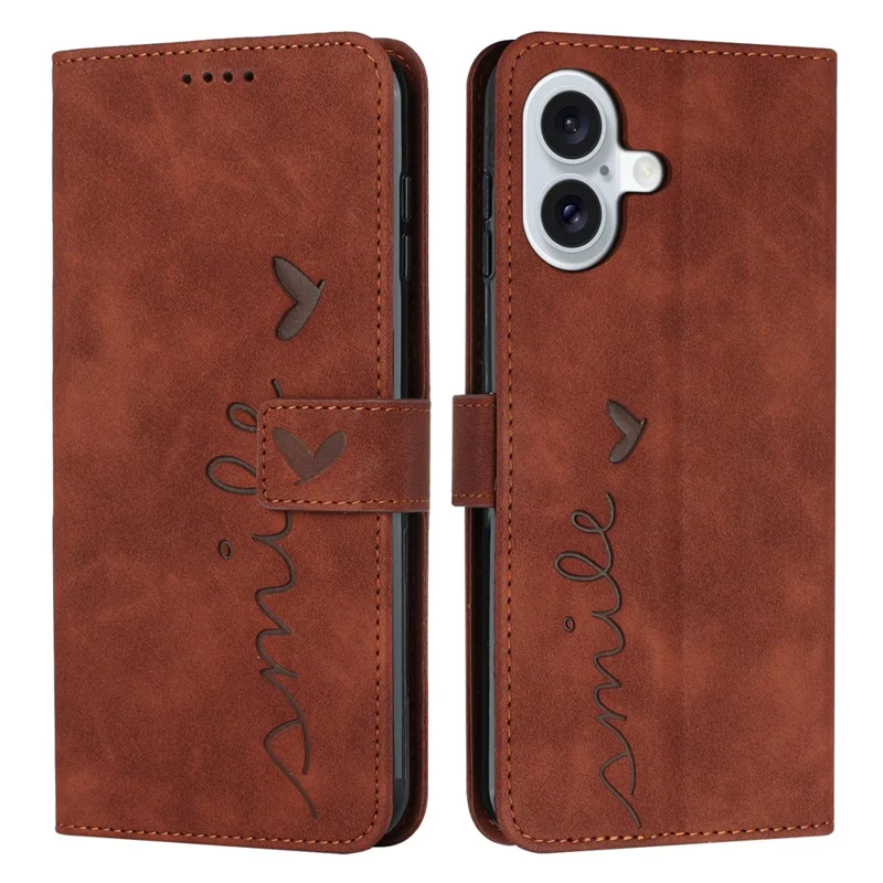 Compra al por mayor para funda cartera para iPhone 17 con estampado de corazón, cubierta de cuero táctil con correa de muñeca - Marrón