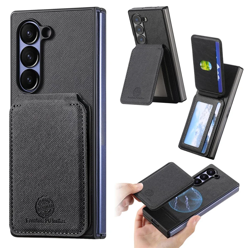 For Samsung Galaxy Z Fold7 5G Magnetic Case TPU PU Leather PC Protective Phone Cover with Detachable Card Holder Kickstand - Black