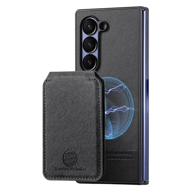 For Samsung Galaxy Z Fold7 5G Magnetic Case TPU PU Leather PC Protective Phone Cover with Detachable Card Holder Kickstand - Black