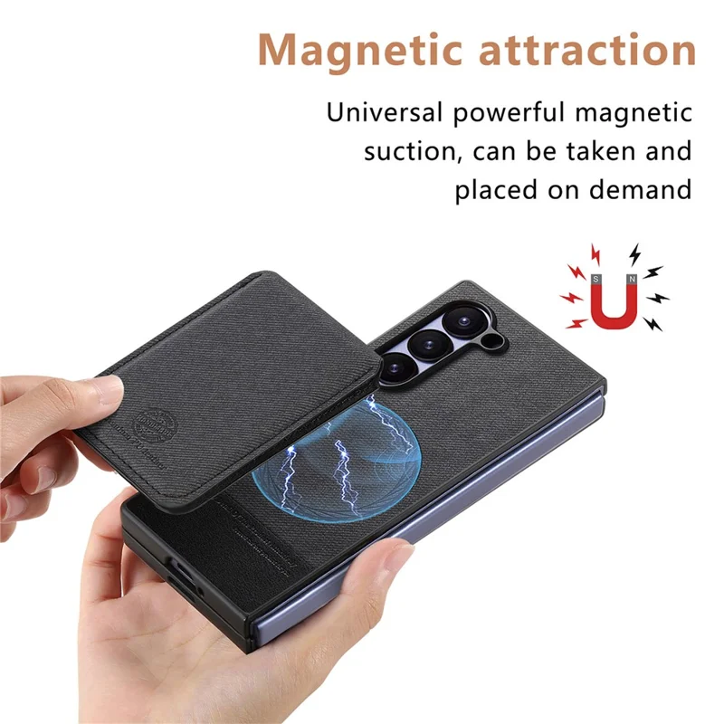 For Samsung Galaxy Z Fold7 5G Magnetic Case TPU PU Leather PC Protective Phone Cover with Detachable Card Holder Kickstand - Black
