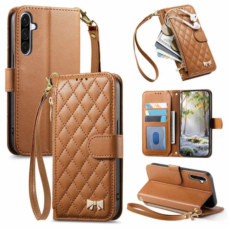 For Samsung Galaxy A37 5G Stand Case Imprint TPU PU Leather Zipper Pocket Wallet Phone Cover with Strap - Brown