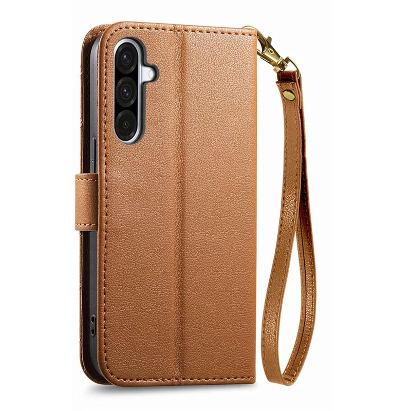 For Samsung Galaxy A37 5G Stand Case Imprint TPU PU Leather Zipper Pocket Wallet Phone Cover with Strap - Brown