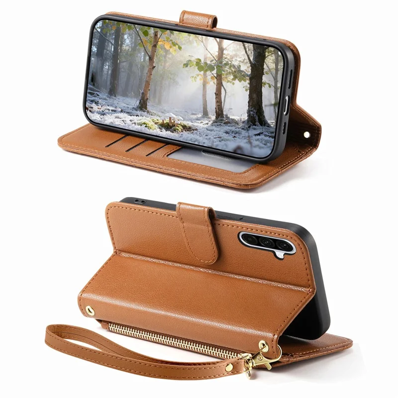 For Samsung Galaxy A37 5G Stand Case Imprint TPU PU Leather Zipper Pocket Wallet Phone Cover with Strap - Brown