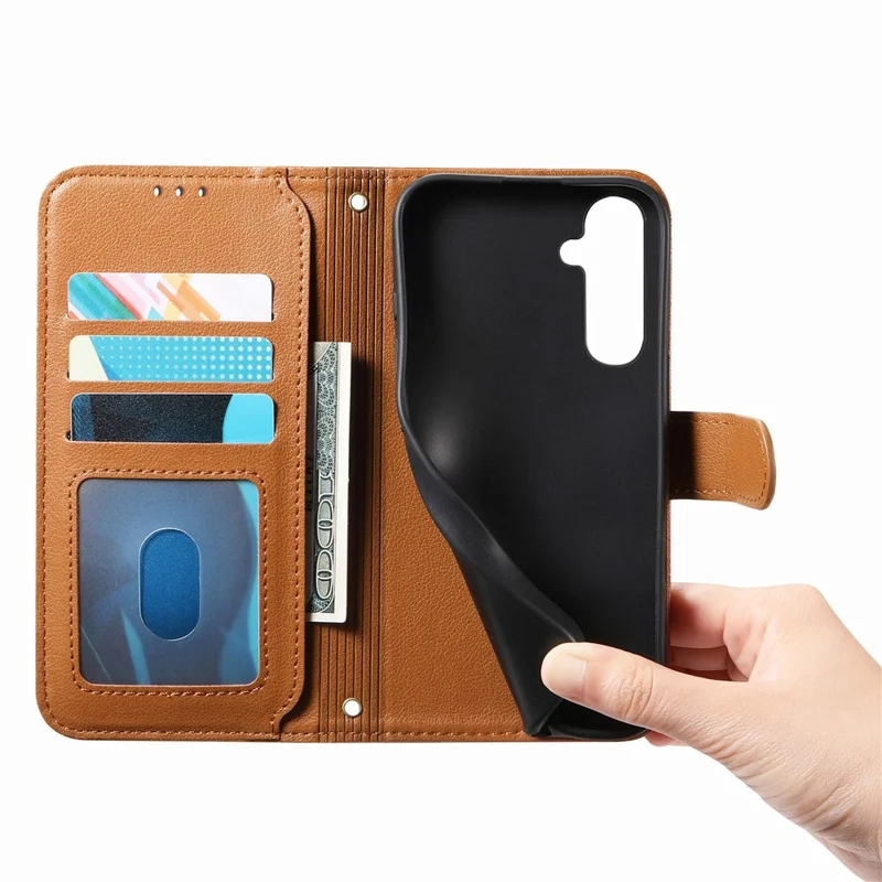 For Samsung Galaxy A37 5G Stand Case Imprint TPU PU Leather Zipper Pocket Wallet Phone Cover with Strap - Brown