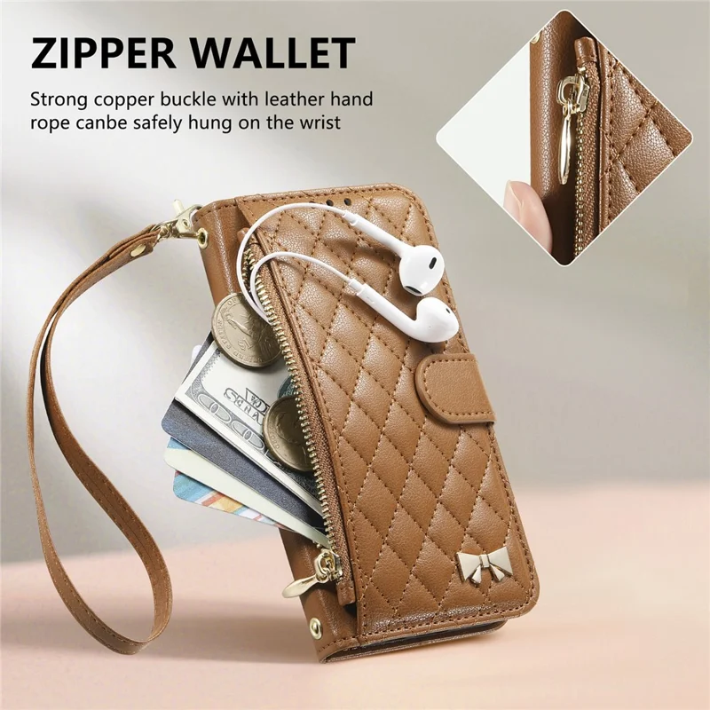 For Samsung Galaxy A37 5G Stand Case Imprint TPU PU Leather Zipper Pocket Wallet Phone Cover with Strap - Brown