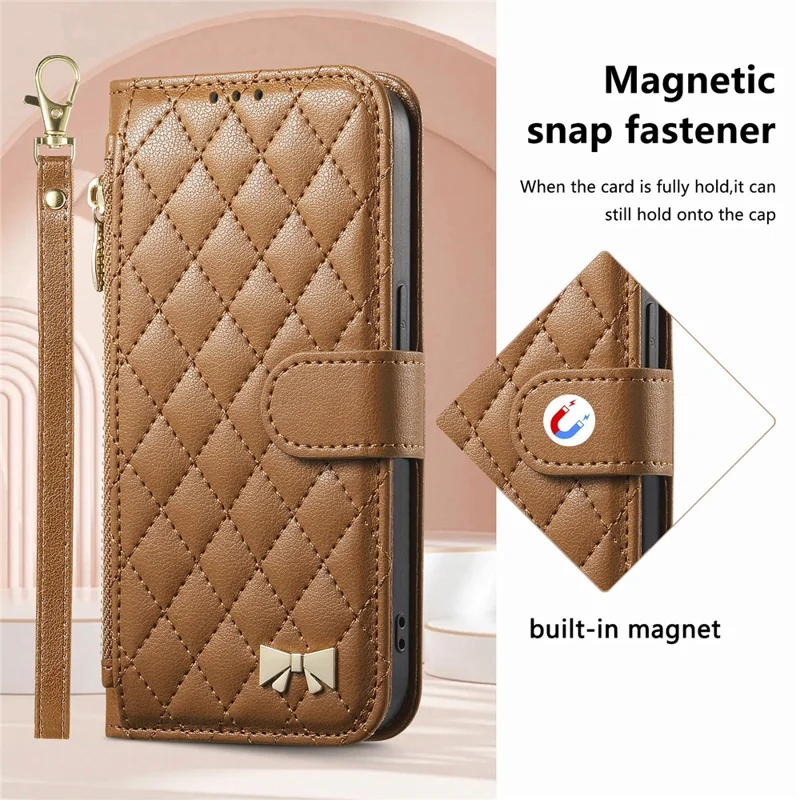 For Samsung Galaxy A37 5G Stand Case Imprint TPU PU Leather Zipper Pocket Wallet Phone Cover with Strap - Brown