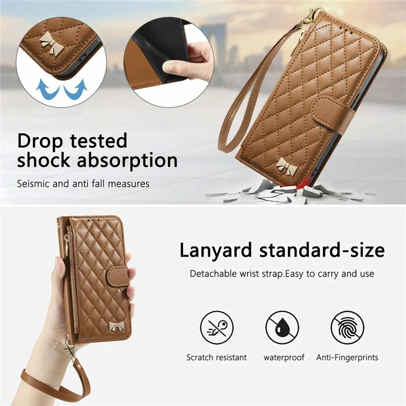 For Samsung Galaxy A37 5G Stand Case Imprint TPU PU Leather Zipper Pocket Wallet Phone Cover with Strap - Brown