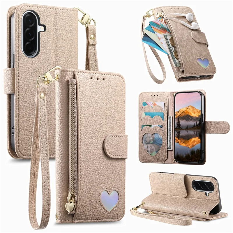 For Samsung Galaxy A37 5G Case Zipper Pocket TPU PU Leather Wallet Phone Cover with Strap - Khaki
