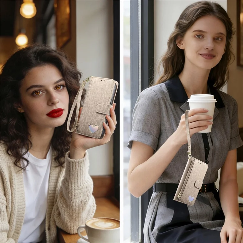 For Samsung Galaxy A37 5G Case Zipper Pocket TPU PU Leather Wallet Phone Cover with Strap - Khaki