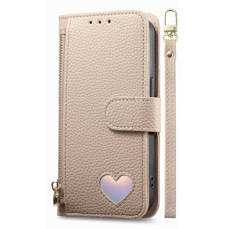 For Samsung Galaxy A37 5G Case Zipper Pocket TPU PU Leather Wallet Phone Cover with Strap - Khaki