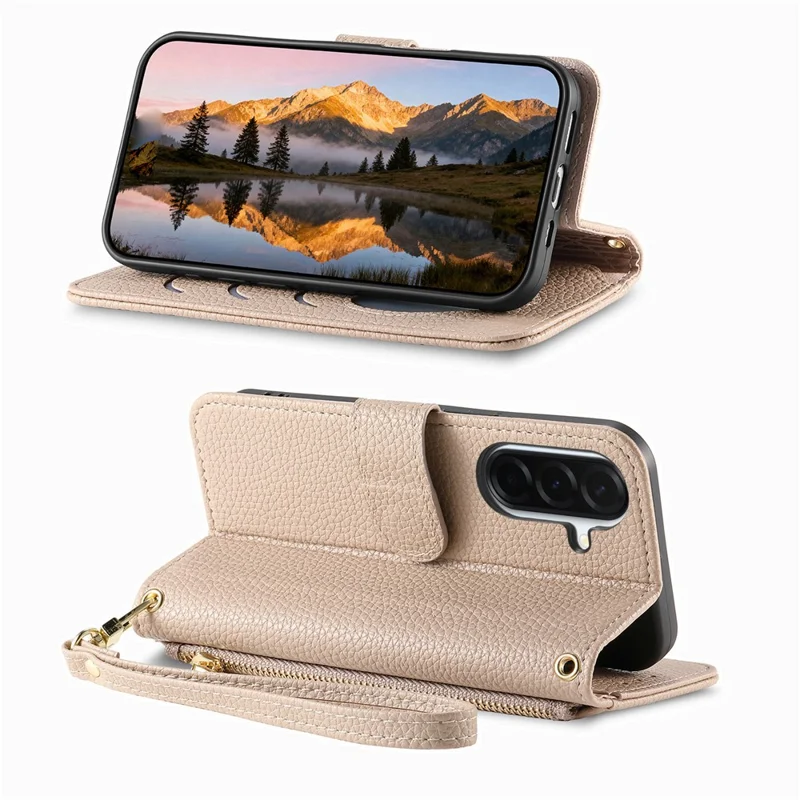 For Samsung Galaxy A37 5G Case Zipper Pocket TPU PU Leather Wallet Phone Cover with Strap - Khaki