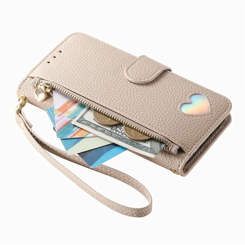 For Samsung Galaxy A37 5G Case Zipper Pocket TPU PU Leather Wallet Phone Cover with Strap - Khaki