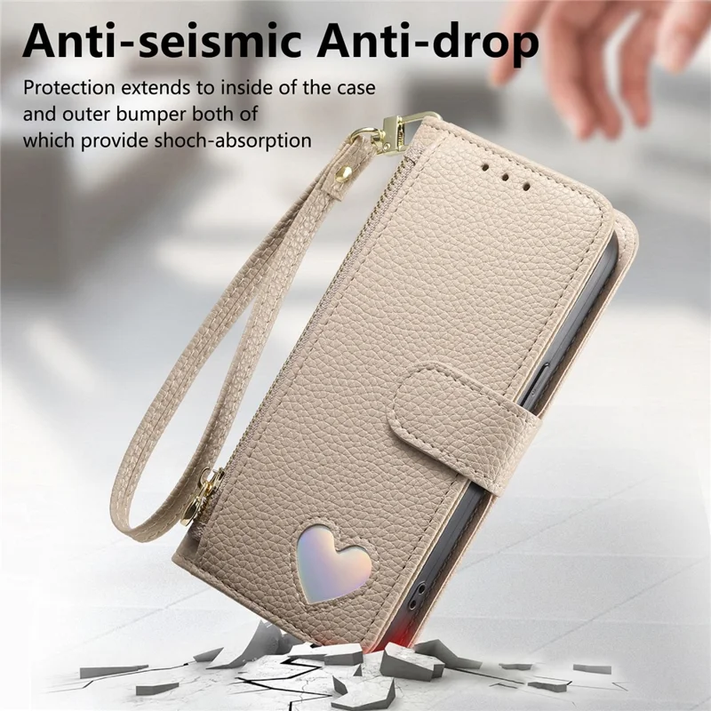 For Samsung Galaxy A37 5G Case Zipper Pocket TPU PU Leather Wallet Phone Cover with Strap - Khaki