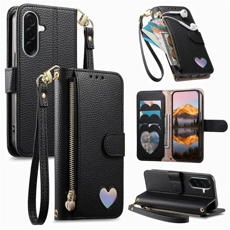 For Samsung Galaxy S26+ Case Zipper Pocket TPU PU Leather Wallet Phone Cover with Strap - Black