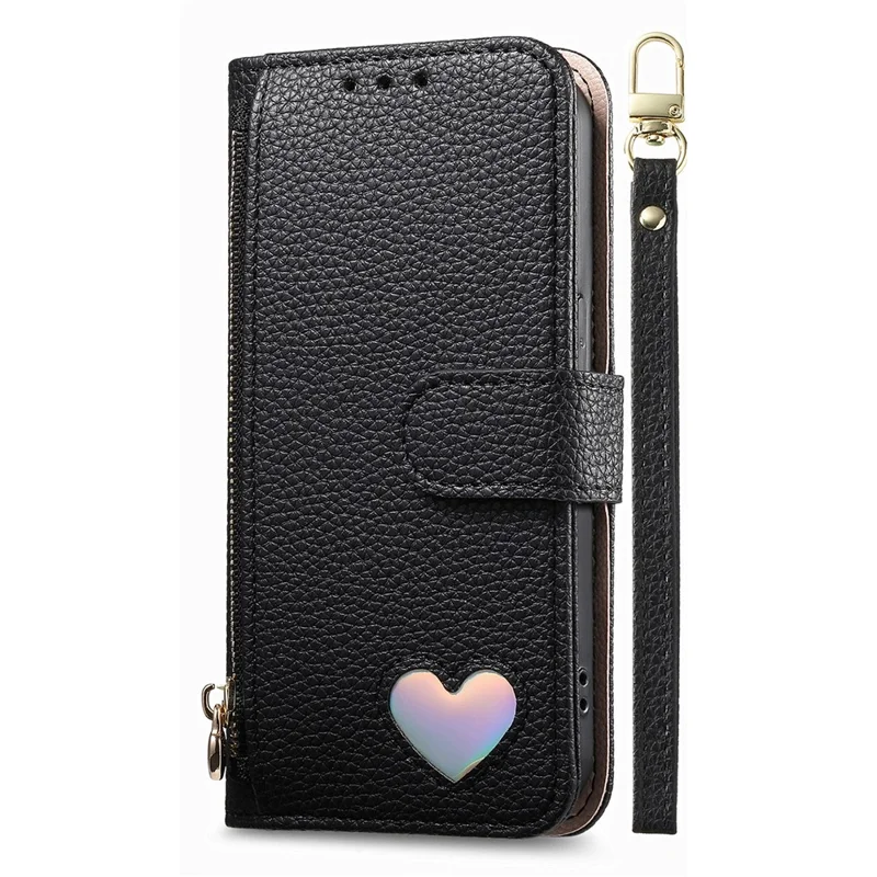 For Samsung Galaxy S26+ Case Zipper Pocket TPU PU Leather Wallet Phone Cover with Strap - Black