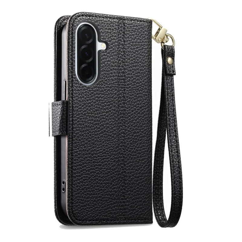 For Samsung Galaxy S26+ Case Zipper Pocket TPU PU Leather Wallet Phone Cover with Strap - Black