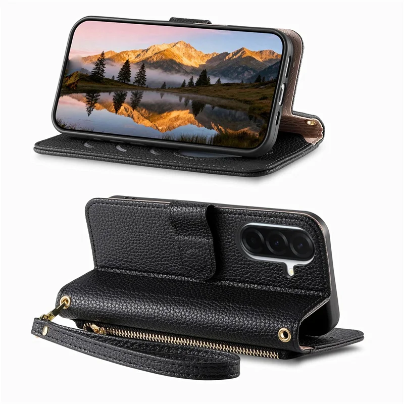 For Samsung Galaxy S26+ Case Zipper Pocket TPU PU Leather Wallet Phone Cover with Strap - Black
