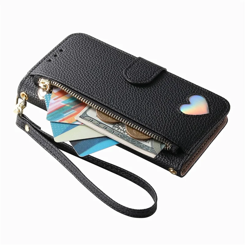 For Samsung Galaxy S26+ Case Zipper Pocket TPU PU Leather Wallet Phone Cover with Strap - Black