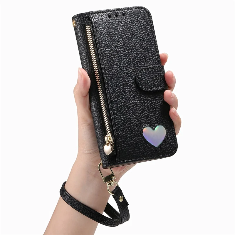 For Samsung Galaxy S26+ Case Zipper Pocket TPU PU Leather Wallet Phone Cover with Strap - Black