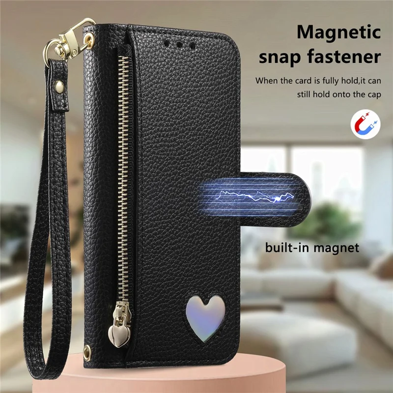 For Samsung Galaxy S26+ Case Zipper Pocket TPU PU Leather Wallet Phone Cover with Strap - Black