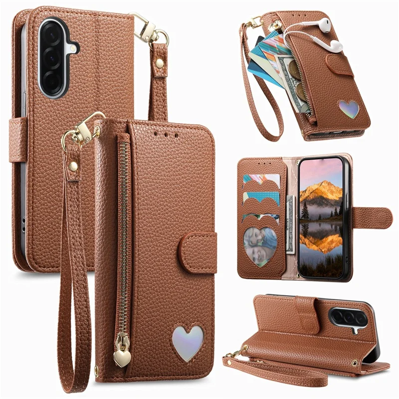 For Samsung Galaxy S26 Case Zipper Pocket TPU PU Leather Wallet Phone Cover with Strap - Brown