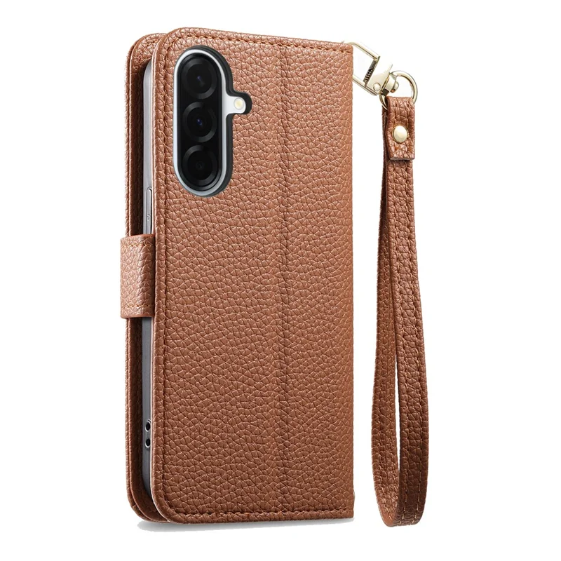 For Samsung Galaxy S26 Case Zipper Pocket TPU PU Leather Wallet Phone Cover with Strap - Brown