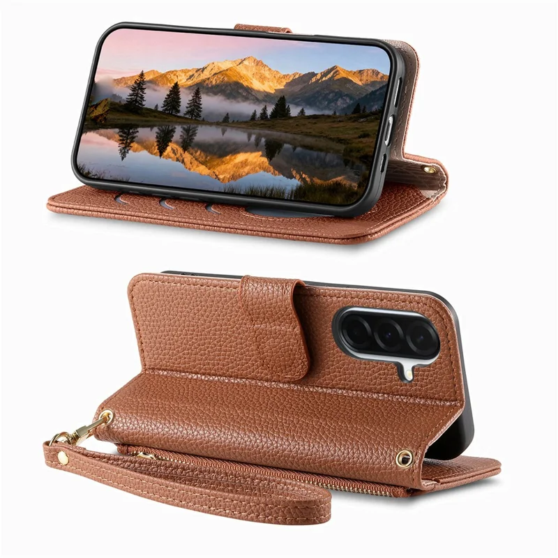 For Samsung Galaxy S26 Case Zipper Pocket TPU PU Leather Wallet Phone Cover with Strap - Brown